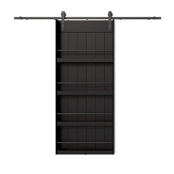 72 in. x 84 in. 4-Levels Shelves Style, Black Primed, MDF, Need to Assemble Sliding Barn Door with Hardware Kit