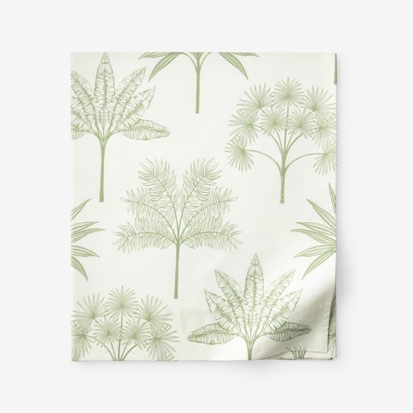 The Company Store Company Cotton Tulum Forest Moss Green Botanical Cotton Percale King Flat Sheet