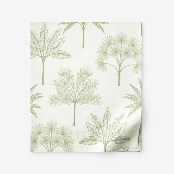 The Company Store Company Cotton Tulum Forest Moss Green Botanical Cotton Percale Queen Flat Sheet