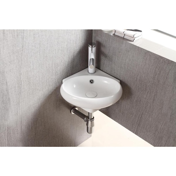 Elanti Wall-Mounted Corner Oval Compact Bathroom Sink in White Elanti Wall-Mounted Corner Oval Compact Bathroom Sink in White