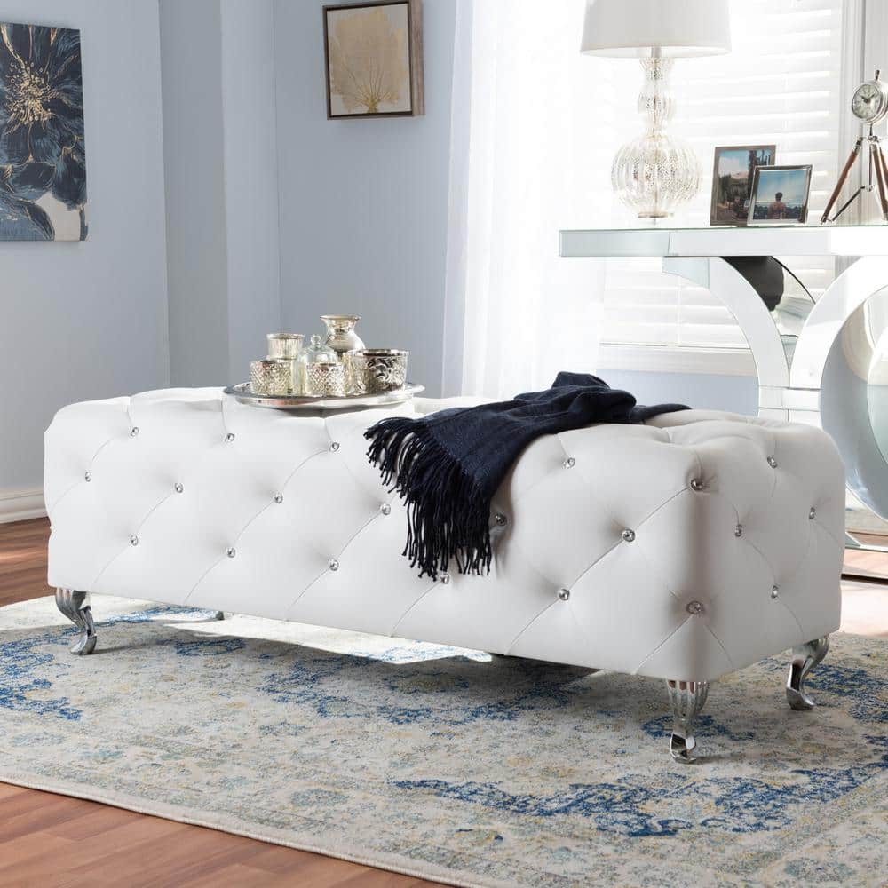 Stella Crystal-Tufted White Faux Leather Modern Bench