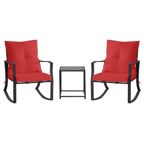 Tenleaf 3-Piece Black Metal Patio Conversation Set with Red Cushions with Glass Coffee Table