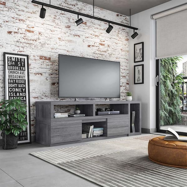 Wood TV Stand Console Fits TVs up to 55 to 65 in. with 2 Drawers, Gray
