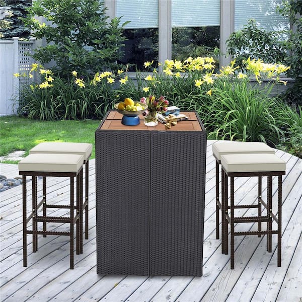 Costway Metal Outdoor Bar Stool with Removable Seat Cushions Footrest Support in Beige Cushion