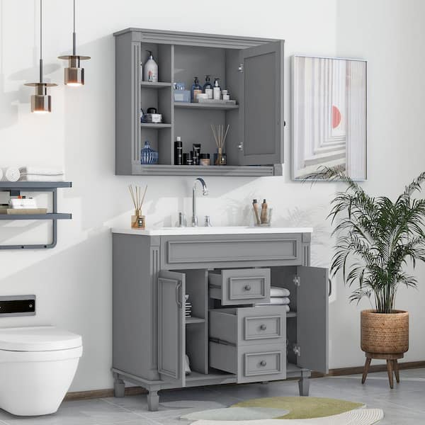 Unbranded Bath Suite with 36 in. Bathroom Vanity Top Sink Mirror Cabinet Bathroom Storage Cabinet 2-Soft Closing Doors in Grey