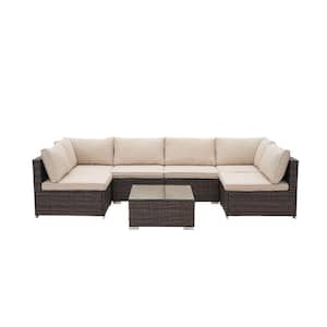 7-Piece Wicker Patio Furniture Set, Outdoor Sectional Sofa Set All Weather Patio Furniture Set with Beige Cushions