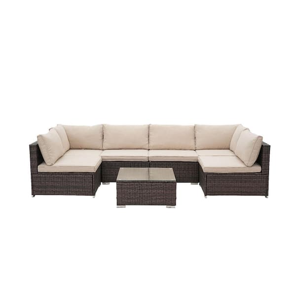 Sudzendf 7-Piece Wicker Patio Furniture Set, Outdoor Sectional Sofa Set All Weather Patio Furniture Set with Beige Cushions