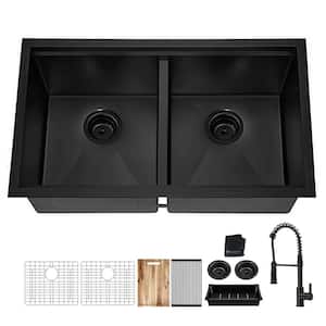 33 in. Undermount Double Bowl 18 Gauge Black Stainless Steel Workstation Kitchen Sink with Black Spring Neck Faucet