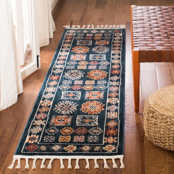 Farmhouse 2 ft. x 10 ft. Navy/Orange Abstract Geometric Runner Rug