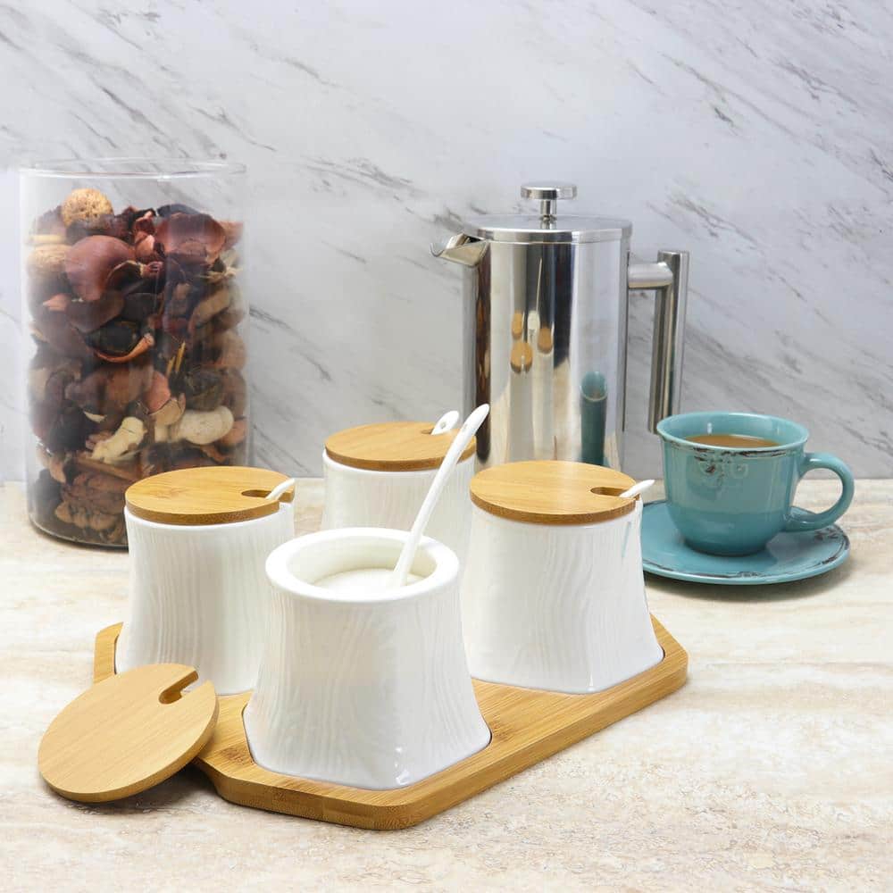 White Ceramic Spice Jar Set with Bamboo Lids and Tray
