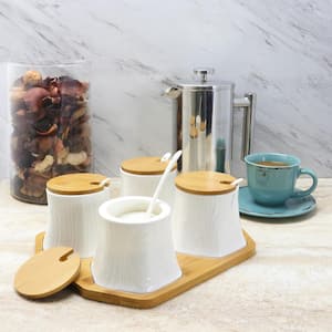 Ceramic Condiment Jars with Bamboo Lids and Serving Spoons