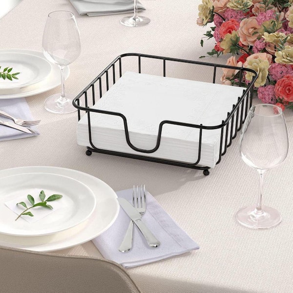 Flat Metal Napkin Holder Tabletop Black Non-Slip Organizer for Kitchen Dining Bar Restaurant 6.9 x 6.9 x 2.2