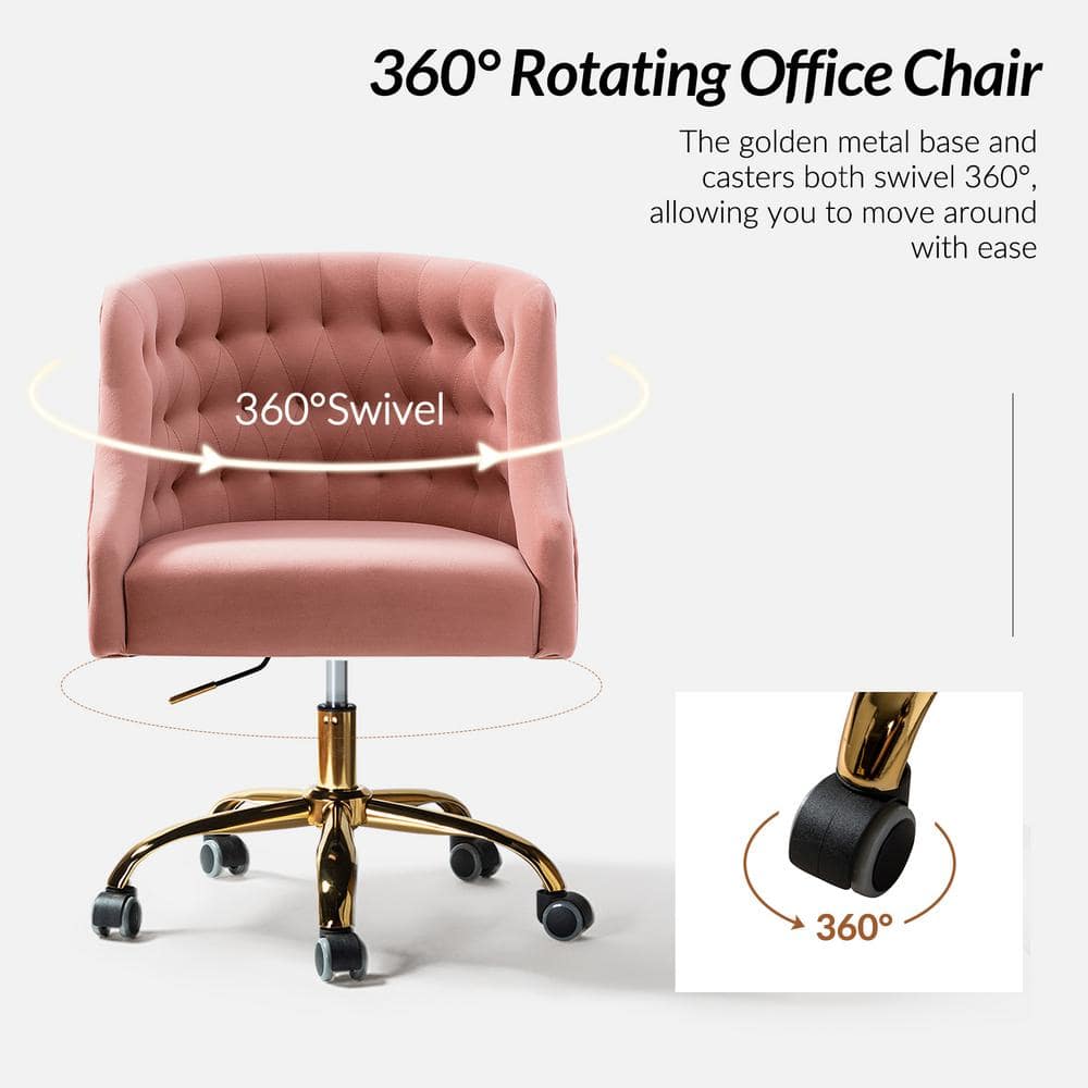 Ergonomic Pink Velvet Swivel Office Chair with Gold Metal Legs