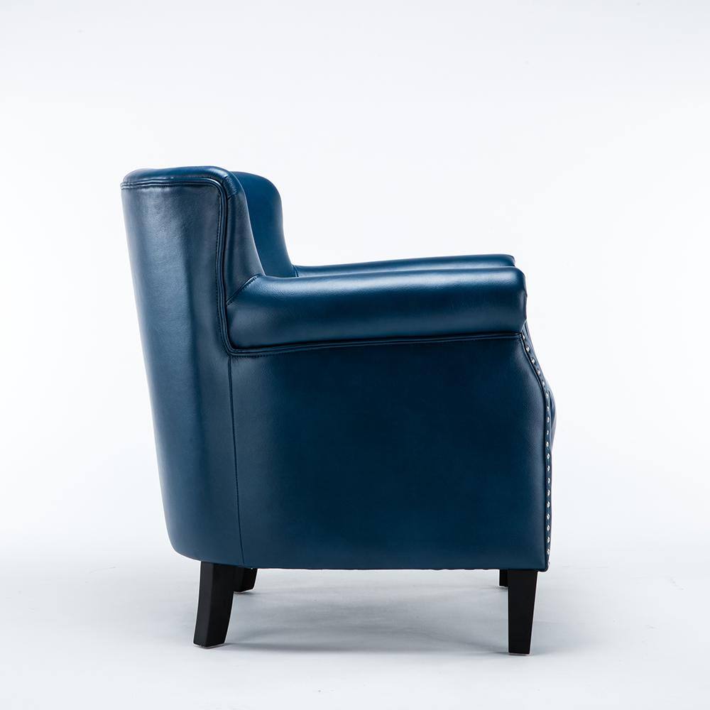 Navy Blue Leather Accent Chair with Wood Legs
