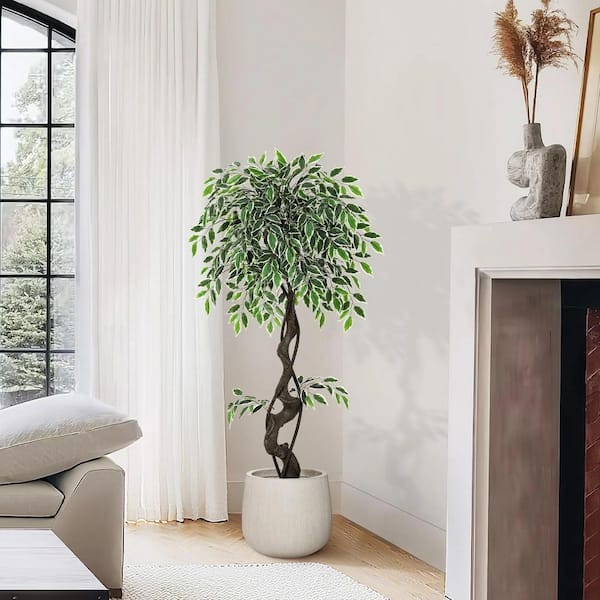 4ft Artificial Ficus Tree, Faux Floor Tree with White Imitation Ceramic Planter, Outdoor Lifelike Fake Ficus Tree