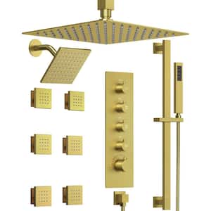 His and Hers Showers with Valve 15-Spray Dual Ceiling Mount 16 in. Fixed and Handheld Shower Head 2.5GPM in Brushed Gold