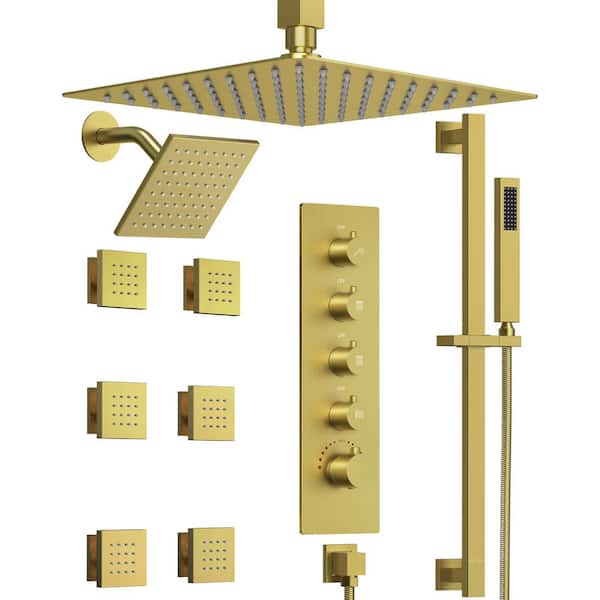 GRANDJOY His and Hers Showers with Valve 15-Spray Dual Ceiling Mount 16 in. Fixed and Handheld Shower Head 2.5GPM in Brushed Gold
