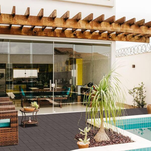 Afoxsos 12 ft. x 12 ft. Plastic Interlocking Deck Tiles Waterproof in Black (9 Per Pack)