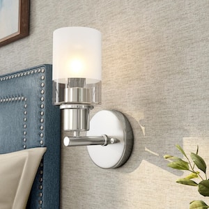 Cedar Lane 5 in. 1-Light Brushed Nickel Modern Wall Sconce with Clear and Etched Glass Shade