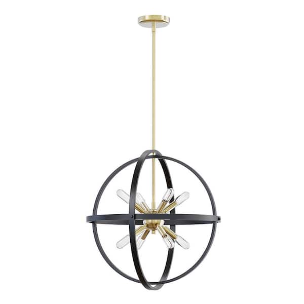 Renfro 8-Light 20.5 in. Plug and Play Black and Plated Gold Sphere Pendant Chandelier with SkyPlug