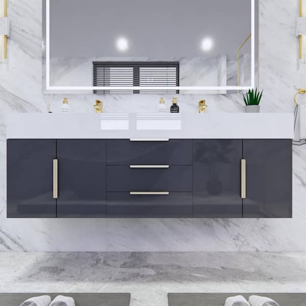 BV Better Vanity Bethany 59 in. W. x 20 in. D x 22 in. H Double Sink Floating Bath Vanity in Gloss Gray with White Acrylic Top