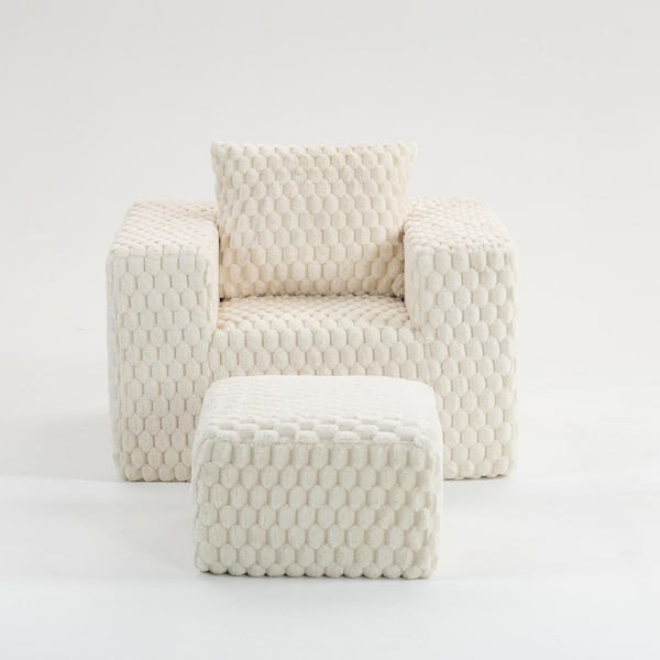 Abner Modern 42.91 in. Square Arm Corduroy Upholstered Compression Sectional Sofa in. White with Ottoman, Throw Pillow