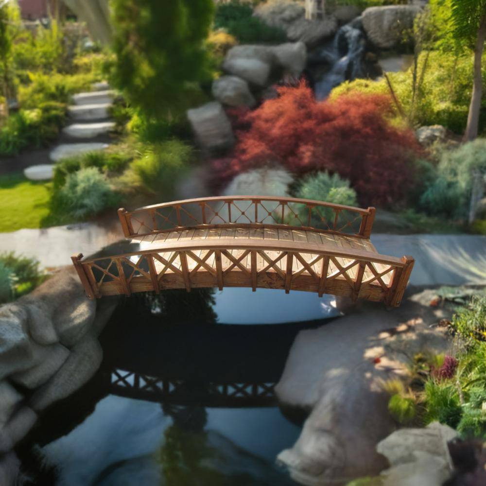 Gracefully Arched Wooden Garden Bridge with Lattice Railing