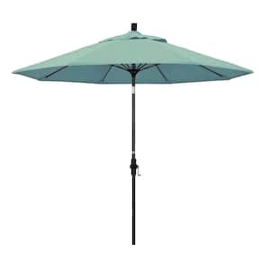 9 ft. Matted Black Aluminum Market Patio Umbrella with Fiberglass Ribs Collar Tilt Crank Lift in Spa Sunbrella
