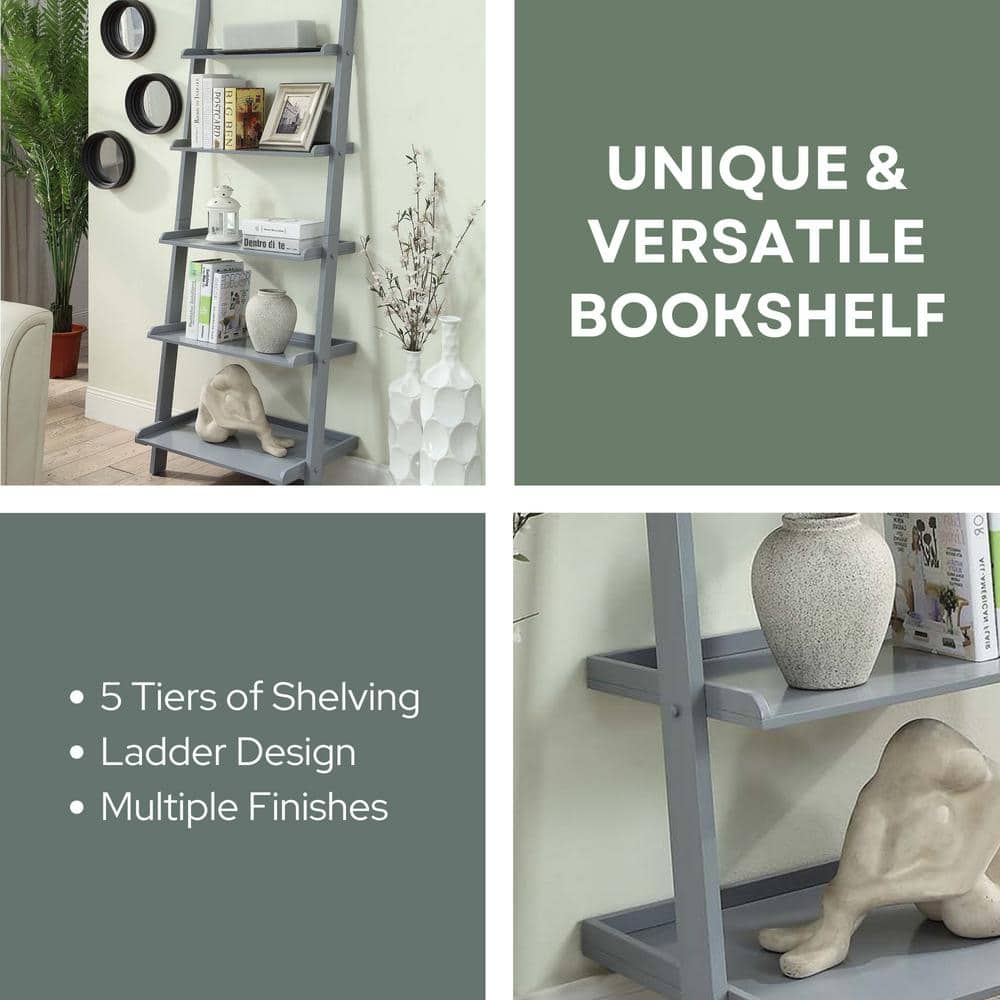 Heritage Gray Solid Wood 5-Tier Ladder Bookshelf