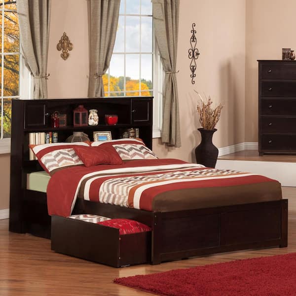 Newport Espresso Full Solid Wood Storage Platform Bed with Flat Panel Foot Board and 2 Bed Drawers