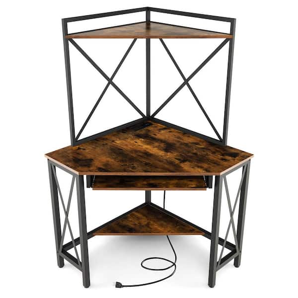 Gymax 44.5 in. Corner Rustic Brown Wood Computer Desk Space-Saving Computer Desk with Shelves & Keyboard Tray