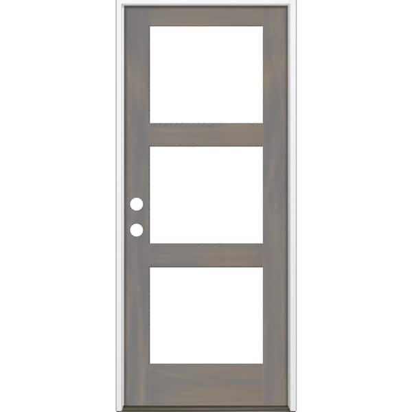 Krosswood Doors 32 in. x 80 in. Modern Hemlock Right-Hand/Inswing 3-Lite Clear Glass Grey Stain Wood Prehung Front Door