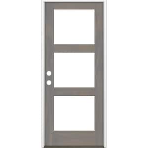 36 in. x 80 in. Modern Hemlock Right-Hand/Inswing 3-Lite Clear Glass Grey Stain Wood Prehung Front Door