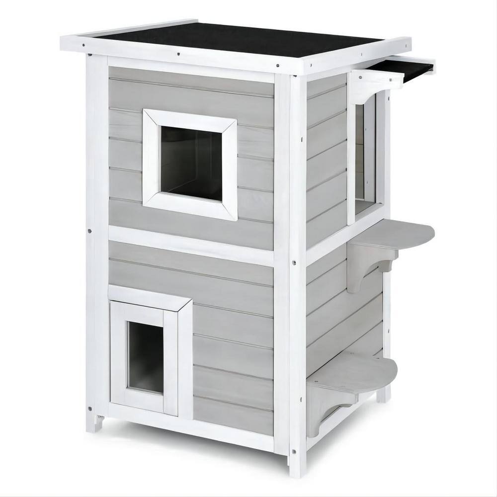 FORCLOVER 2-Tier Rainproof Wooden Cat House with Escape Door CJ7439 ...