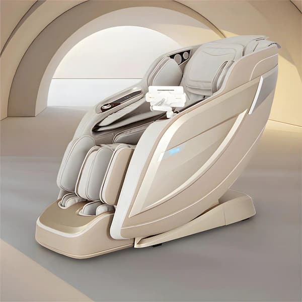 Pro 8500 MAX Taupe Faux Leather Reclining 4D Massage Chair with Zero Gravity, Heated Lumbar, Extended Dual Rail Tracks
