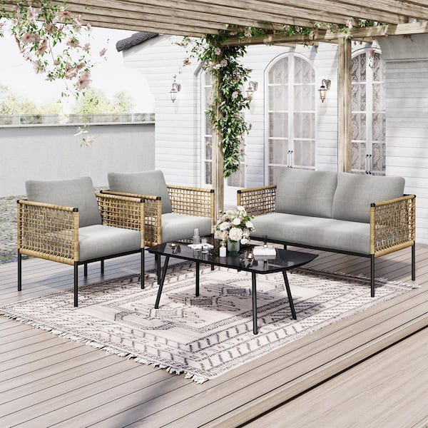 JEAREY 4-Piece Patio Conversation Set, Balcony Bistro Set 2 Outdoor Chairs and 1 Loveseat with Cushions, Coffee Table, Beige