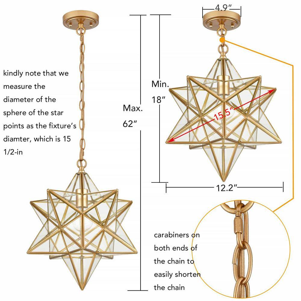 Geometric Brass and Clear Glass Moravian Star Pendant Light