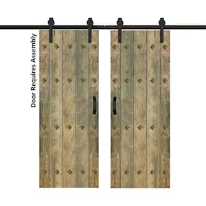 Mid-Century New Style 60 in. x 84 in. Aged Barrel Finished Solid Wood Double Sliding Barn Door with Hardware Kit