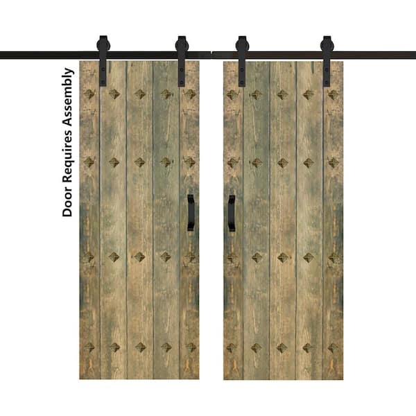 ISLIFE Mid-Century New Style 60 in. x 84 in. Aged Barrel Finished Solid Wood Double Sliding Barn Door with Hardware Kit