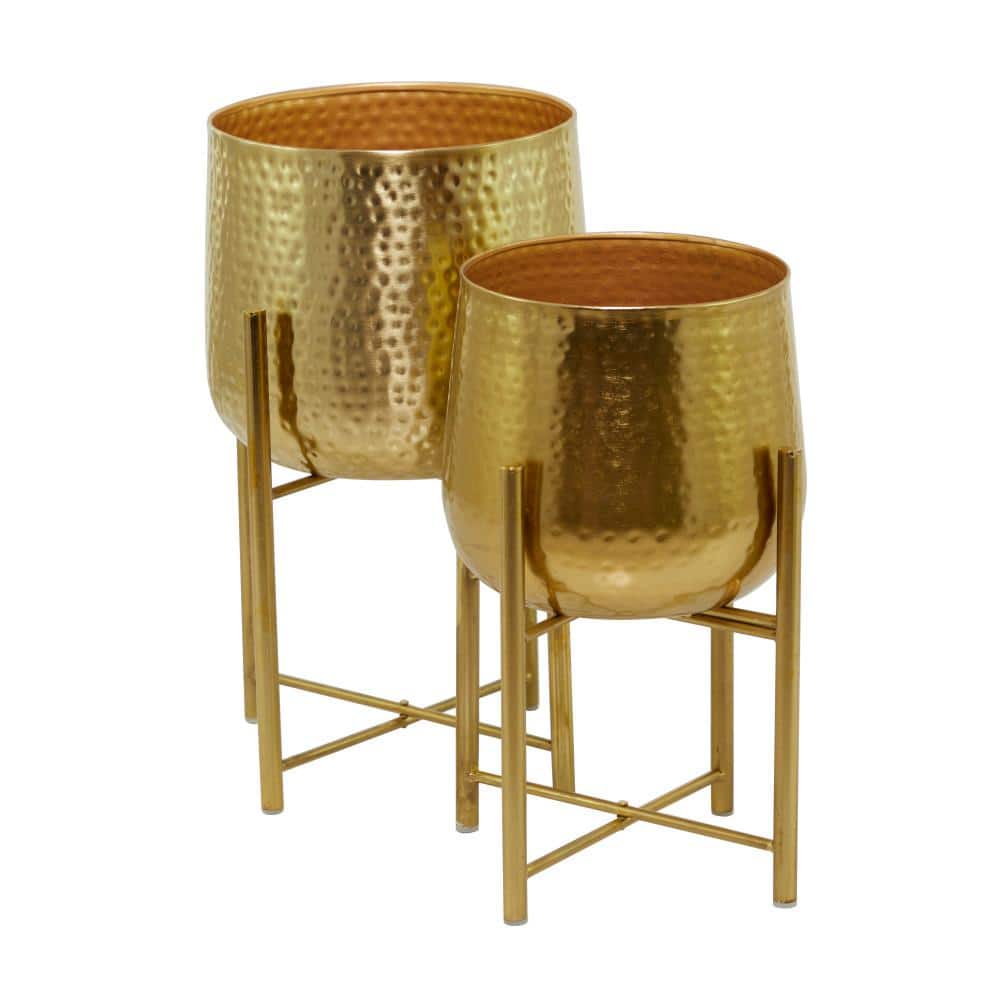 Contemporary Gold Metal Indoor Planter with X-Shaped Stand, 17" Height