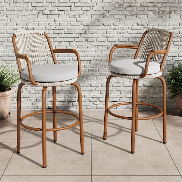 CHRISTOPHER KNIGHT HOME Prism 29 in. Patio PE Rattan Rope Weave and Metal Frame Outdoor Bar Stool with Beige Cushion, Teak, Set of 2