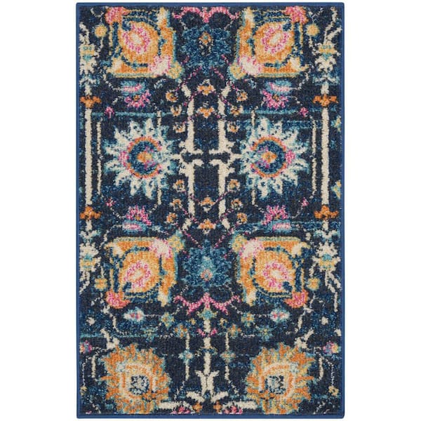 Nourison Passion Navy doormat 2 ft. x 3 ft. Floral Transitional Kitchen Area Rug