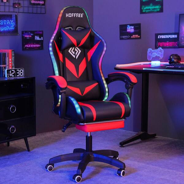 Hoffree Faux Leather Massage Ergonomic Gaming Chair in Red with