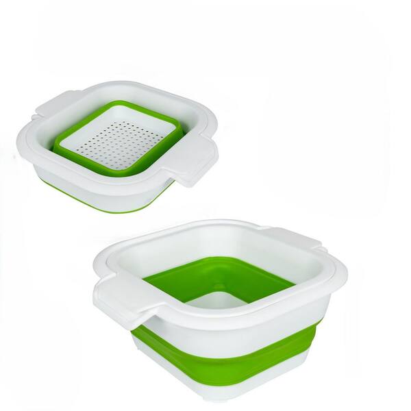 Green 2-in-1 Collapsible Colander Set, Plastic Foldable Strainer Bowl and Fruit Basket, Set of 2
