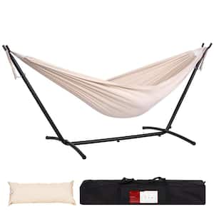 9 ft. 2-Person Double Fabric Hammock with Free Standing Steel Stand Include Carrying Bag and Pillow, Beige