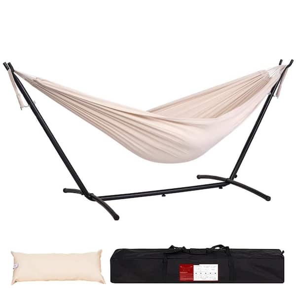 AURA OUTDOOR 9 ft. 2-Person Double Fabric Hammock with Free Standing Steel Stand Include Carrying Bag and Pillow, Beige