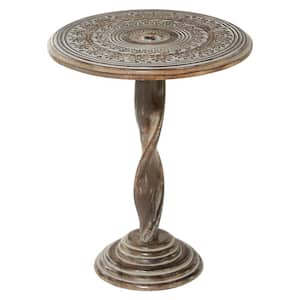 18 in. Brown Handmade Intricately Carved Floral Large Round Wood End Table with Spiral Leg and Elevated Base
