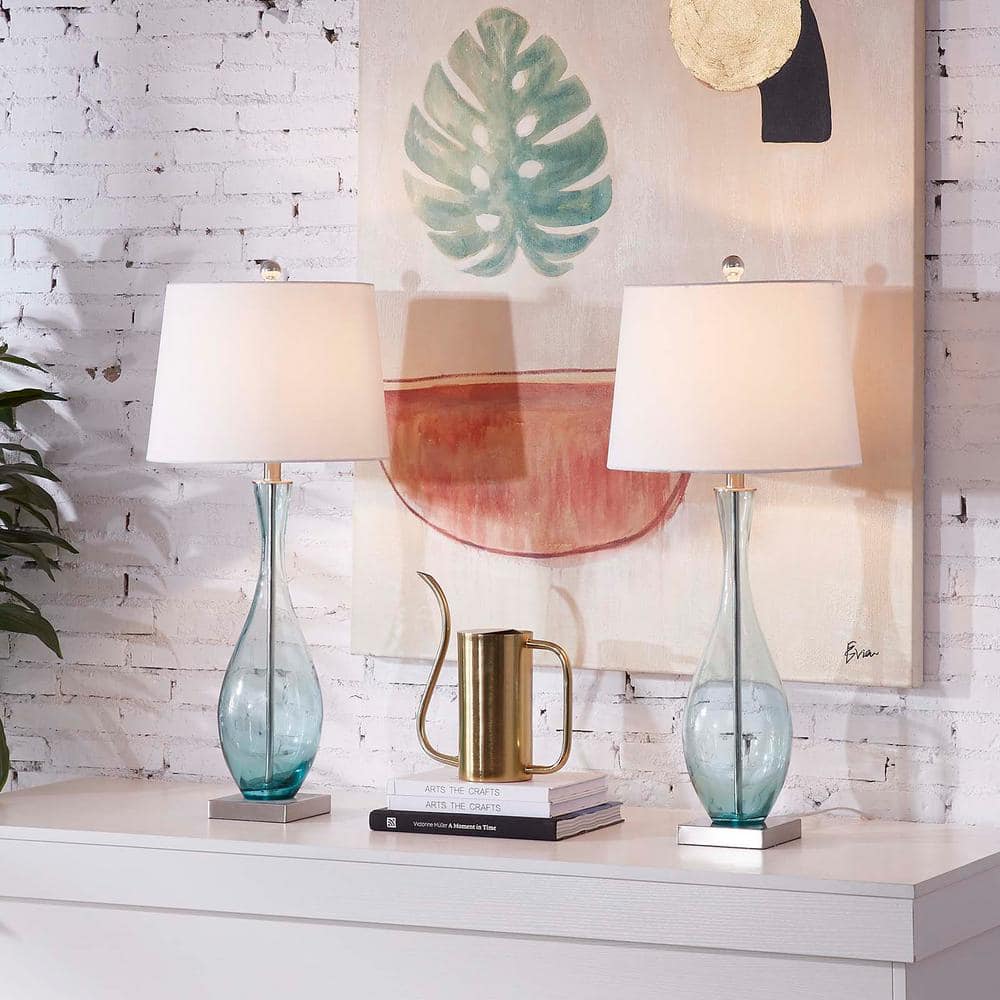 Aqua Glass and White Linen 31" Table Lamp Set