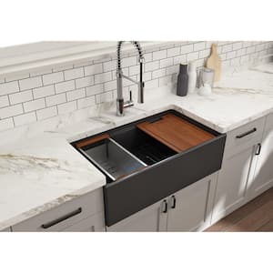 Step-Rim Matte Dark Gray Fireclay 33 in. Single Bowl Farmhouse Apron Front Workstation Kitchen Sink with Accessories