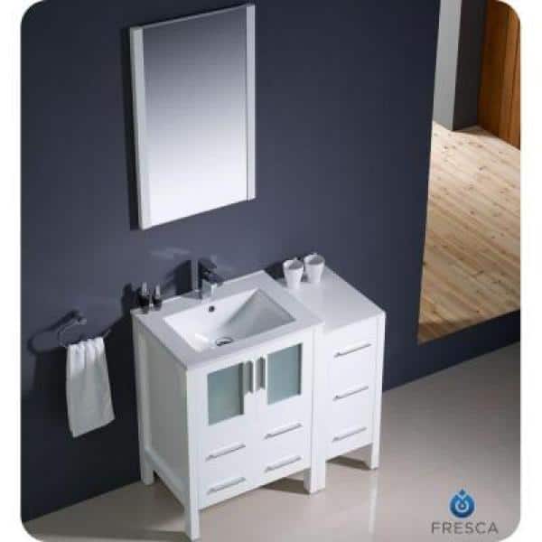 White Engineered Wood Freestanding Vanity Set with Mirror and Ceramic Sink